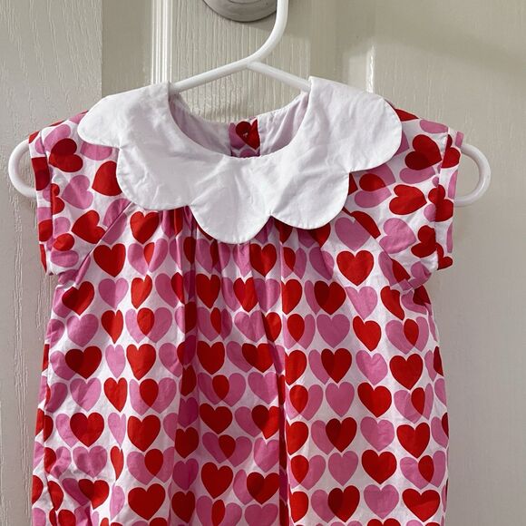 Jacadi Paris Scallop Collar Pink Red Heart Bubble Romper Girls Size 6 Months - Picture 2 of 9